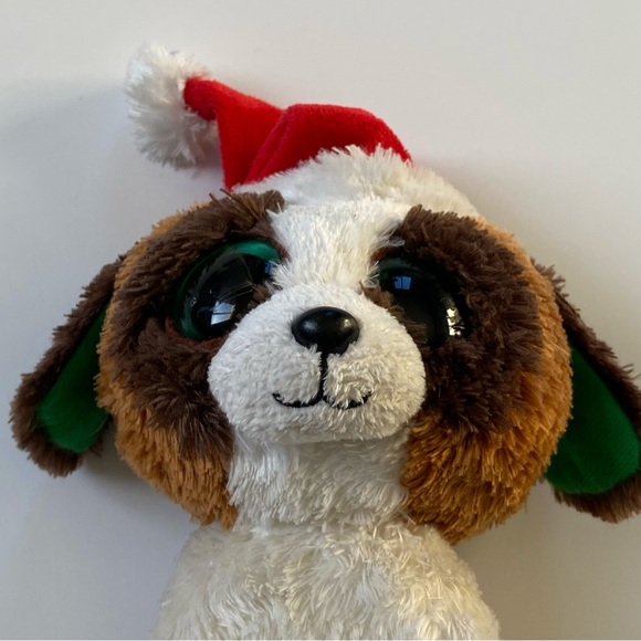 Ty Beanie Boo PRESENTS the Christmas Dog w/Santa Hat Green Eyes Puppy 6” no tag - Picture 4 of 11